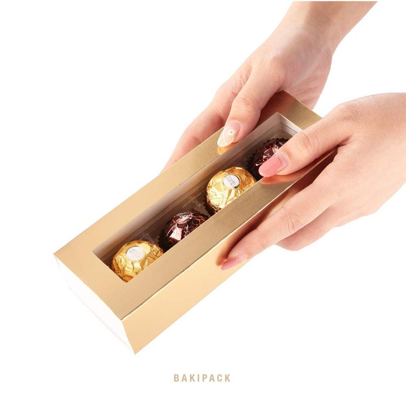 BAKIPACK 20 Truffle Boxes, Chocolate Boxes, Candy Boxes Packaging with 4-Piece Plastics Tray (Tray Size with 5.75x1.25 Inches), Pull Out Packing with Clear Window Sleeves, Gold - Image 2